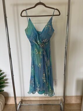 Blue-Green Floral Midi Dress with Jeweled Waist